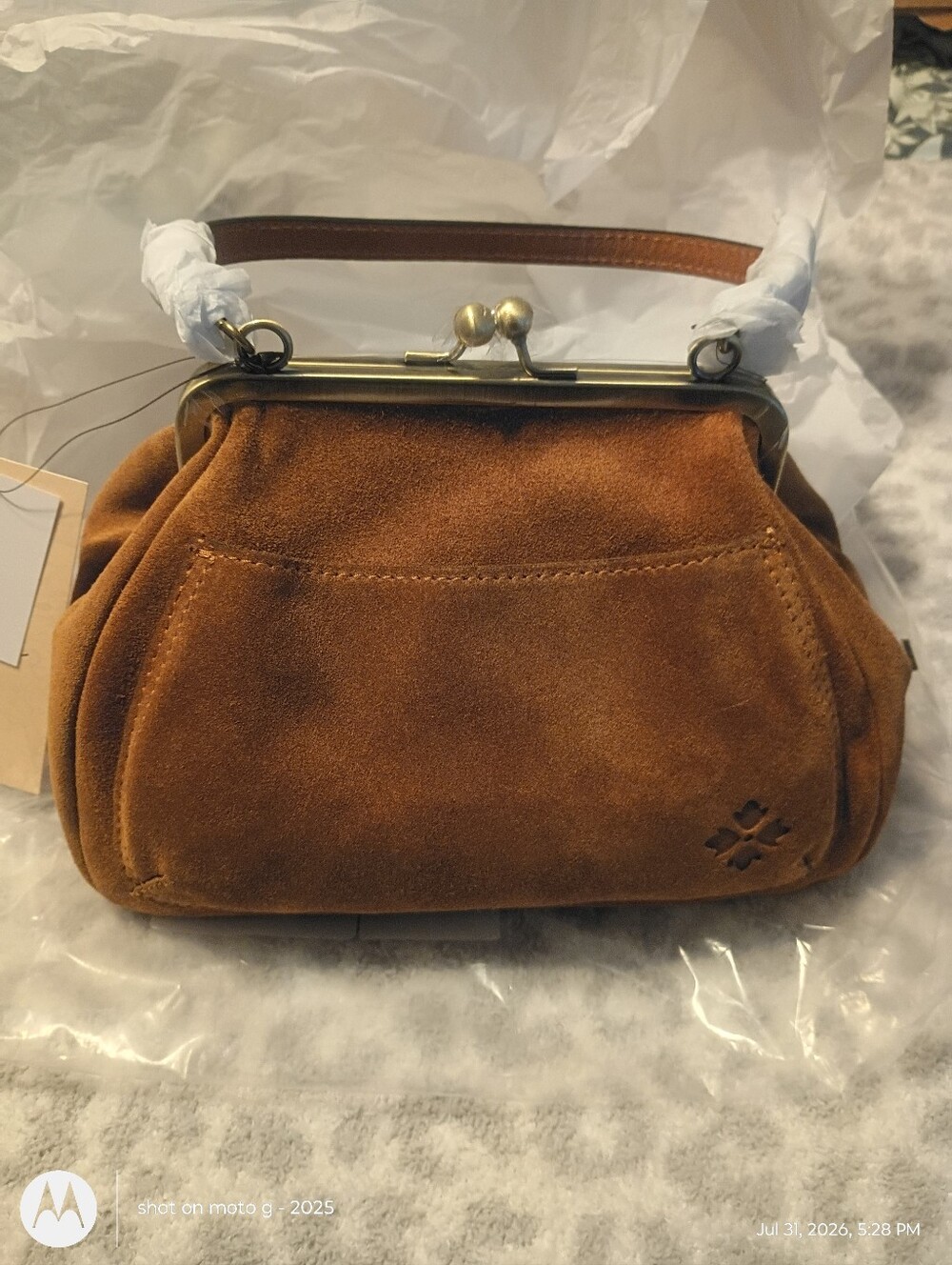 NWT Patricia Nash Suede Annie Kisslock Frame Bag Crossbody Satchel Tan - - Picture 13 of 14